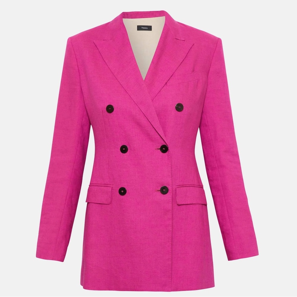 THEORY Double Breasted Pop Fushia PINK LINEN BLAZER size 0 + PANT size 0